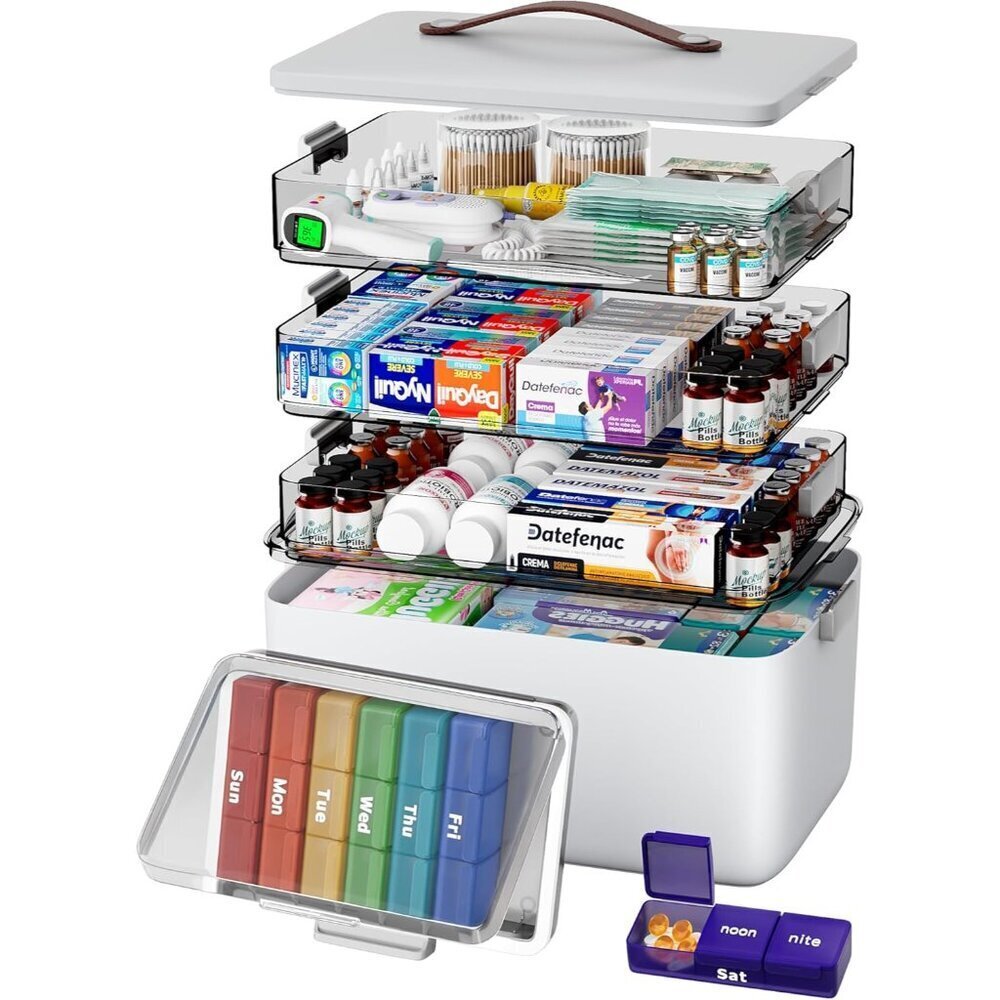 Portable Pill Organizer 4-Tier XL with Leather Handle